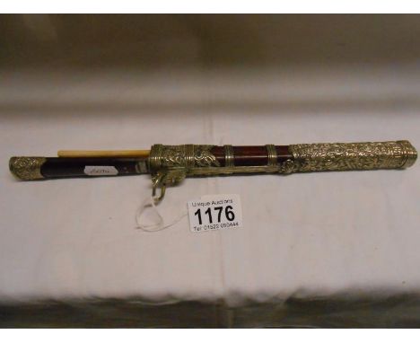 An antique rosewood and silver knife in scabbard with ivory chopsticks