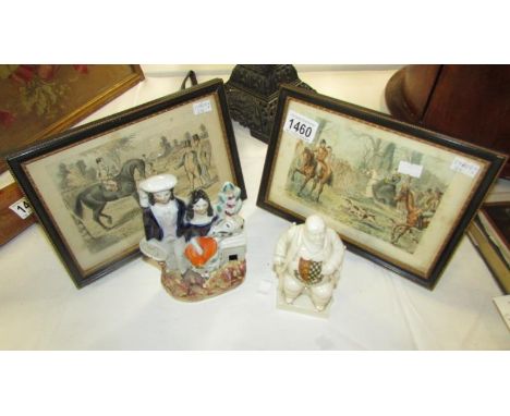 Pair of ink & watercolour hunting caricature pictures (1 signed John Leech, Initialled JL) crested figure of Daniel Lambert a