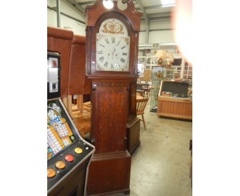 A Victorian 8 day long case clock with arch painted face (no weights or bell)