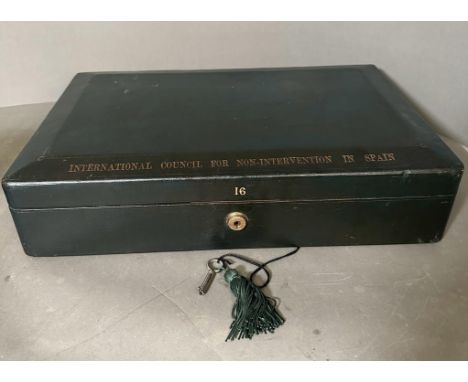 Green Leather Briefcase with brass handle and key, embossed 'International Council For Non Intervention In Spain' (Approximat