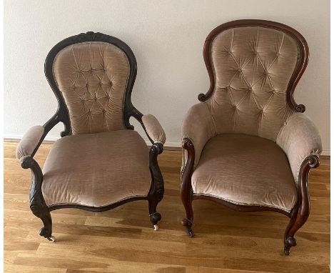 Pair of Victorian chairs, open armchair and armchair on scrolling legs and castors, button back 