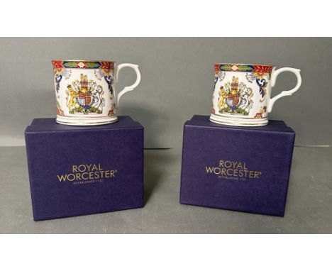 Two Royal Worcester commemorative ware mugs celebrating HM Queen Elizabeth diamond Jubilee  