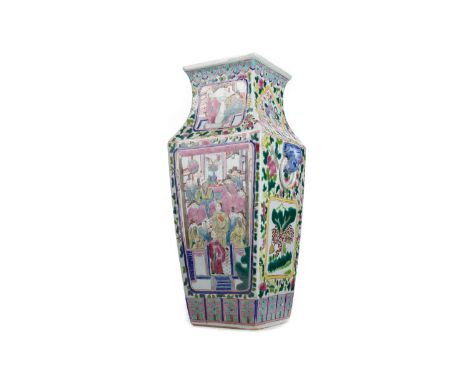 CHINESE FAMILLE VERTE SQUARE SECTION DOUBLE HANDLED VASE,decorated with panels of figures and foliage, 43cm highCondition goo