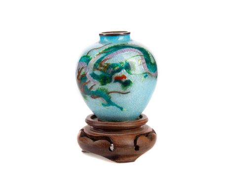 JAPANESE GINBARI ENAMEL 'DRAGON' VASE,with hardwood stand, 9.5cm high overall (2)Condition good to fair. Approx. Six hairline