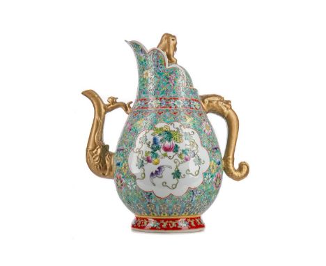 LARGE CHINESE LIDDED EWER,decorated in polychrome enamels and further gilded, bearing six character Qianlong mark to base, 35