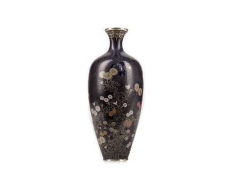 FINE JAPANESE CLOISONNE ENAMEL VASE BY HAYASHI KODENJI (1831-1915),decorated with chrysanthemum blooms and leaves outlined in