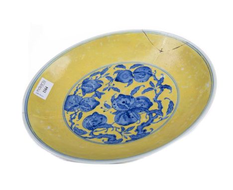LARGE CHINESE 'PEACHES' BOWL,decorated in underglaze blue with peaches on branches against an overglaze yellow enamel ground,