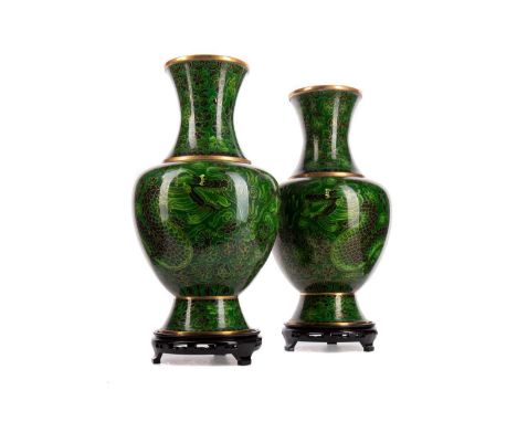 PAIR OF CHINESE CLOISONNE ENAMEL DRAGON VASES,38.8cm hiogh, with lacquered stands