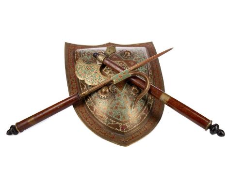 EARLY 20TH CENTURY INDO-PERSIAN BRASS &amp; ENAMEL AXE, SHIELD &amp; ANKUSH,each with stylised foliate decoration, the shield
