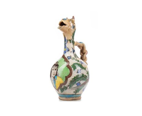 19TH CENTURY PERSIAN QAJAR EWER,of zoomorphic form, the mouth modelled as a horned animal, painted with a figural panel and w