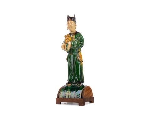 LATE 19TH CENTURY/EARLY 20TH CENTURY CHINESE POTTERY ROOF TILE,modelled as a standing scholar, in a Tang dynasty style, in a 