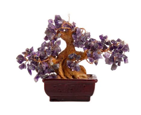 CHINESE BONSAI-TYPE ORNAMENT,with amethyst coloured blossom, resin trunk and ceramic base, 14.2cm high