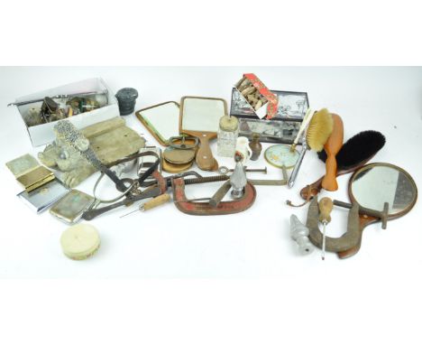 An enamel backed hand mirror and other items
