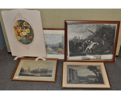 A fire screen and four pictures