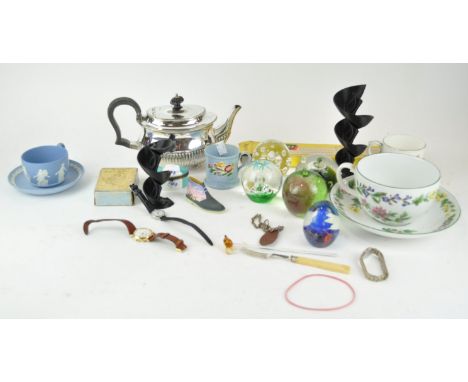 Glass paperweights and other items, to include a large Royal Worcester cup and saucer