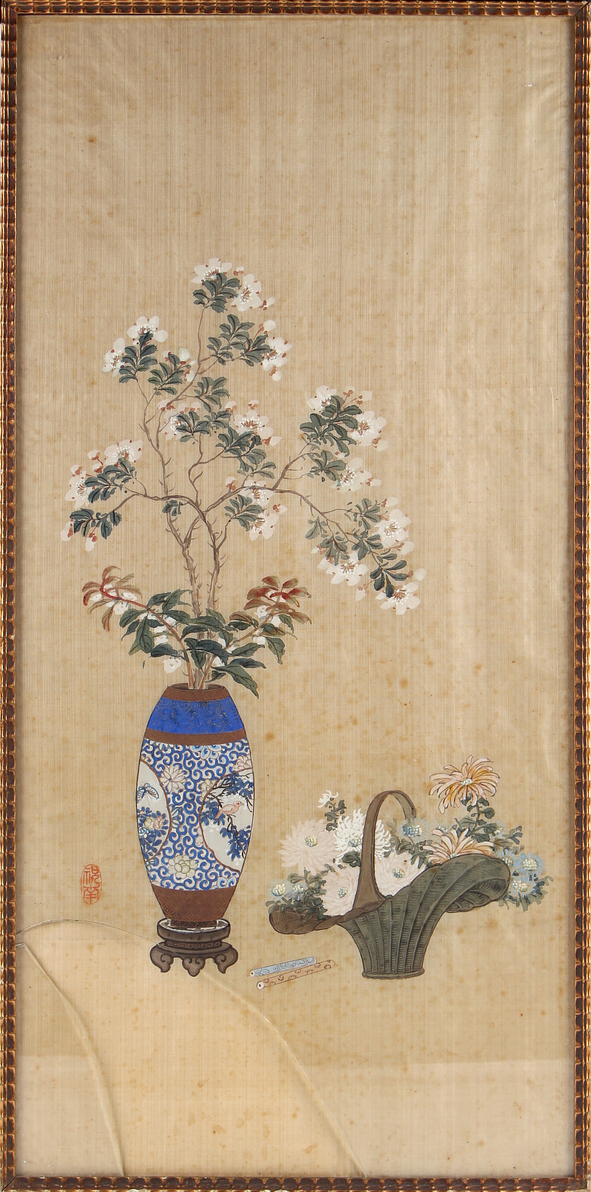 A Chinese painting on silk depicting a vase & a basket of flowers ...