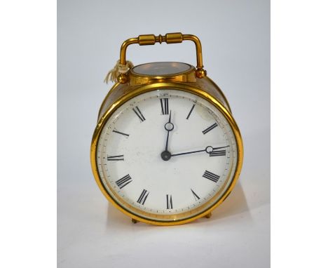 A brass cased drum carriage clock, the 8-day movement with lever escapement window over a white enamelled dial, 9.5 cm dia.