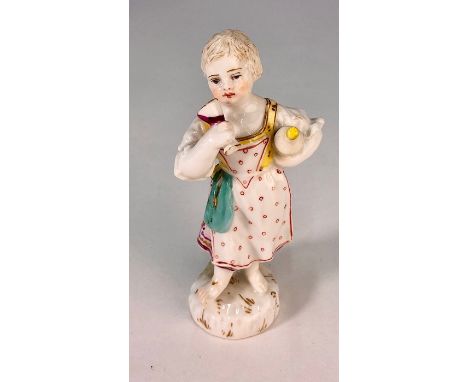 A pair of 19th century porcelain allegorical figures, red anchor mark to base, 13.5 and 14 cm high to/w a seated figure playi