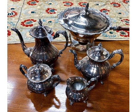 An electroplated chafing dish on stand with burner, to/w a four-piece tea/coffee service (5)