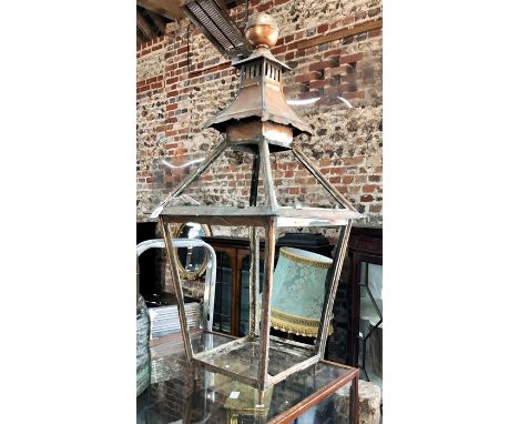 A Georgian style coppered lantern - no glass and a/f, 39 x 39 x 87 cm high