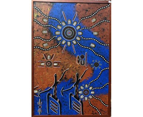 Wiradjuri - 'Boomanulla', hunting ceremony, oil on linen laid on panel, 84 x 57 cm to/w a similar style painting, 67 x 38 cm 