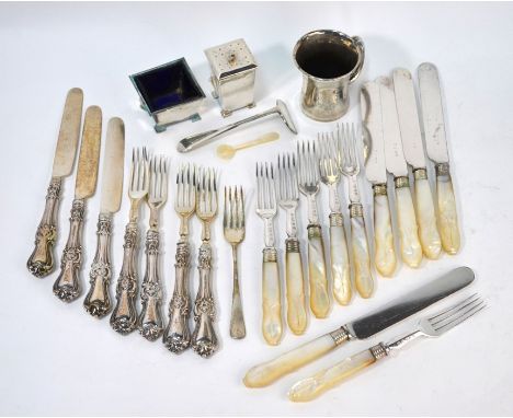 A Victorian part set of dessert knives and forks with silver blades and loaded silver handles, Birmingham 1846 (three knives 