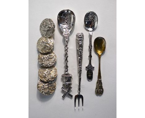 A set of five late Victorian silver buttons, cast and chased with lovers on a swing -'Springtime' after Pierre Auguste Cot, H