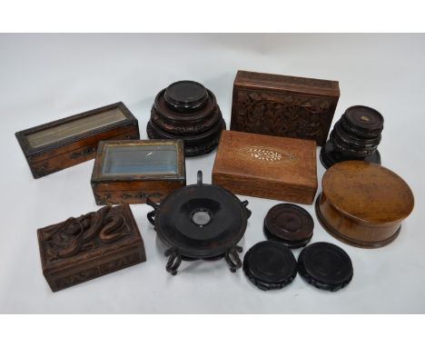 Three Asian carved teak boxes to/w various stands, two Victorian brass-mounted trinket boxes with bevelled glass tops and a t