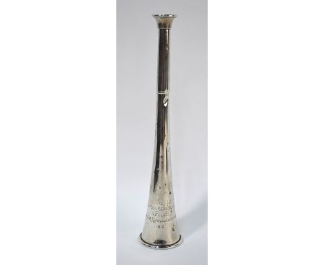 An Edwardian silver hunting horn, Kohler &amp; Sons, London 1908, 3.3 oz, 22.5 cm long, engraved 'To Captain P. Connellan, Wi