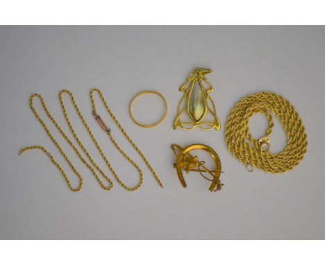 A 9ct yellow gold rope chain, a broken fine yellow metal rope chain stamped 9c, 5.9g to/w narrow 22ct yellow gold wedding ban