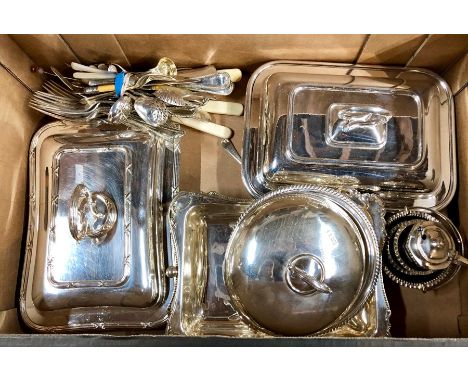 Two electroplated entree dishes and covers, a muffin dish and cover, fruit basket and other table ware, to/w silver and other