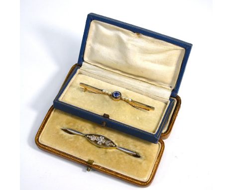 Two Edwardian bar brooches - one yellow and white metal set diamonds, the other sapphire and pearl set, yellow and white meta