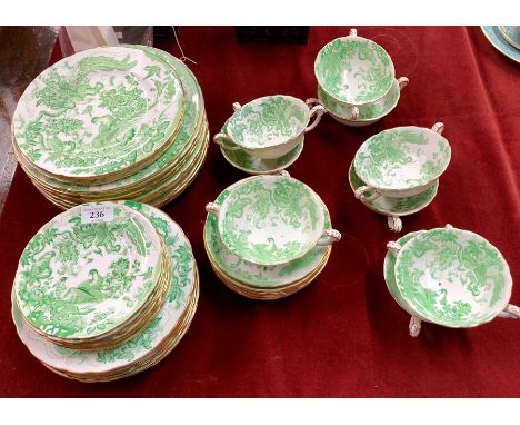 A Royal Crown Derby bone china part dinner service 'Green Aves' pattern, comprising: Ten x 27 cm plates; &nbsp;Three x 23.2 c