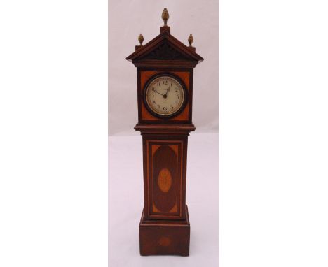 A Tiffany miniature inlaid mahogany grandfather clock, the circular white dial with Arabic numerals, 44cm (h)