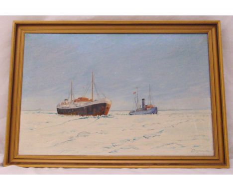 K. Stegman framed oil on canvas of boats in icy seas, signed bottom right, 45 x 69cm