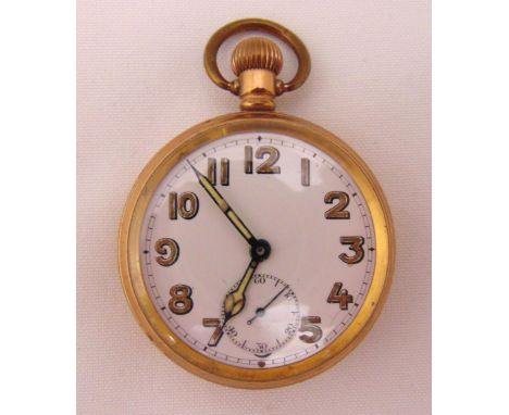 A gold plated open face pocket watch with white enamel dial and Arabic numerals and subsidiary seconds dial