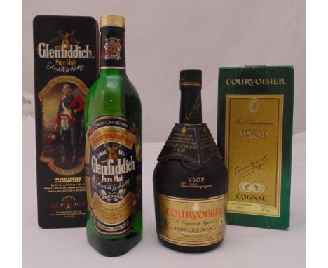 Courvoisier Cognac 680ml in original packaging and Glenfiddich Pure Malt Scotch Whisky 70cl in original metal packaging