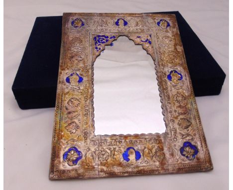An Egyptian white metal and enamel embossed framed mirror in original packaging, 31 x 22cm