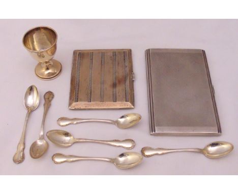 A quantity of hallmarked silver to include two engine turned cigarette cases an eggcup and six white metal teaspoons, approx 