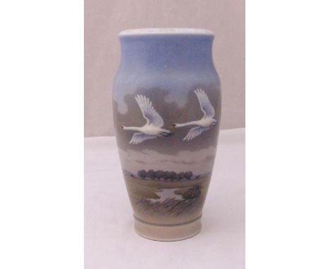 Royal Copenhagen baluster vase decorated with birds in flight, marks to the base, 33.5cm (h)