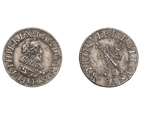 Charles I (1625-1649), Patterns, Pattern Halfgroat, by N. Briot, car d g ang sco fr et hib rex, bare-headed bust right with l