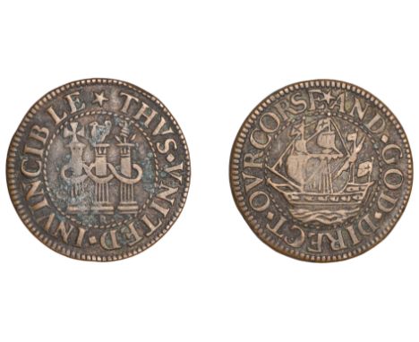 Commonwealth (1649-1660), Pattern Farthing, undated, by D. Ramage, in copper, mm. mullet, thvs vnited invincible, three pilla