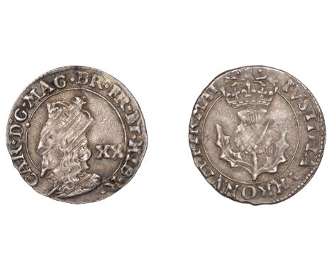 Charles I (1625-1649), Third coinage, Falconer’s First issue, Twenty Pence, no mm., signed f above crown on rev., reads mag b