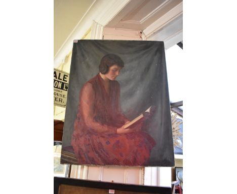 Algernon Rowe,&nbsp;three quarter length seated portrait of a lady reading, signed, oil on canvas, 91.5 x 71.5cm, unframed. 