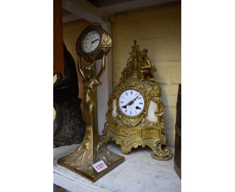 A late 19th century French gilt brass mantel clock,&nbsp;34cm high, with pendulum; together with an Art Nouveau style figural
