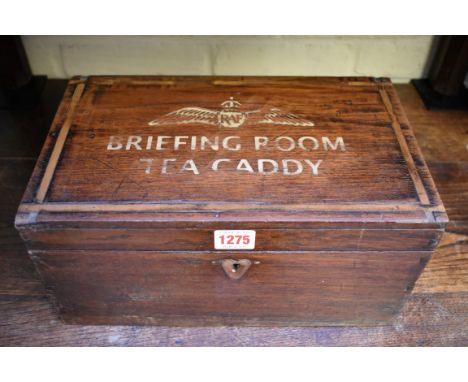An unusual hardwood casket, the hinged top inscribed 'RAF Briefing Room Tea Caddy', 33cm wide. 