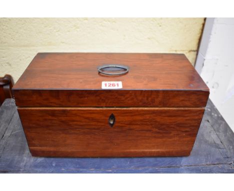 An early 19th century mahogany tea caddy,&nbsp;the interior with cut glass mixing bowl, 30.5cm wide, with key. 