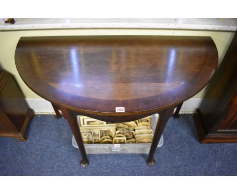 A pair of 19th century mahogany and crossbanded demi-lune console tables,&nbsp;108.5cm wide.&nbsp; 