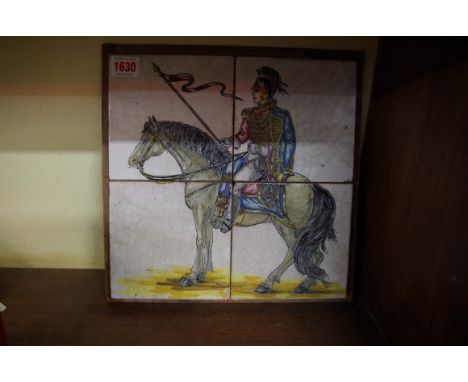A French four tile panel of a lancer,&nbsp;each tile 14cm square.&nbsp; 