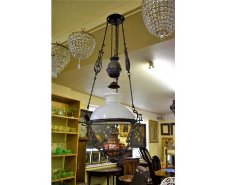 An impressive rise and fall ceiling oil lamp. 